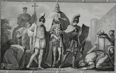 Henry y Lewis conduciendo al Papa al castillo de Torci, grabado por Saunders, ilustración de 