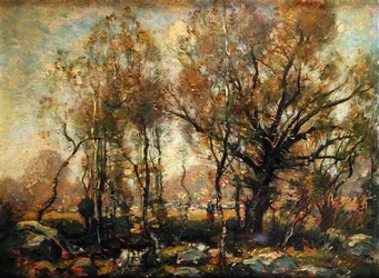 Figura en un paisaje boscoso