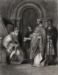 Enrique II presentando la bula papal al arzobispo de Cashel, grabado por G. Greatbach