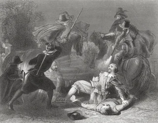 El asesinato de Lord Kilwarden por los rebeldes de Robert Emmet en Dublín, Irlanda, 1803, de «La historia de Irlanda» de Thomas Wright, publicado c. 1854
