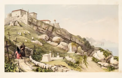 Lugar de enterramiento de los oficiales británicos en la colina del castillo de San Sebastián, de «Bocetos de paisajes de las provincias vascas de España, con una selección de música nacional», publicado en 1838