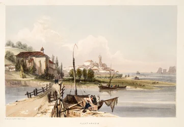 Fuenterrabía, con el convento y el puente de Capuchinos, de Bocetos de paisajes de las provincias vascas de España, con una selección de música nacional, publicado en 1838
