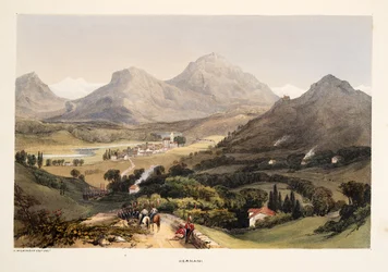 Hernani, de Bocetos de paisajes en las provincias vascas de España, con una selección de música nacional, pub. 1838 (grabado a mano)