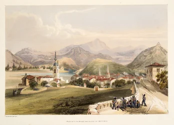 Irún, con el monte San Marcial y el puente de Capuchinos, de Bocetos de paisajes de las provincias vascas de España, con una selección de música nacional, publicado en 1838