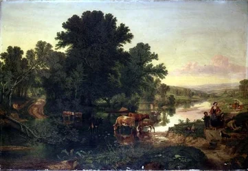 Paisaje Fluvial Boscoso con Ganado Abrevando