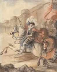 Un oficial de caballería (Enrique IV) lidera una carga frente a un castillo