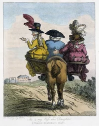 Yo con mi esposa y mi hija - en Caricaturas inglesas sobre las costumbres de montar a caballo, ilustrado por H. W. Bunbury, ed. John Stockdale