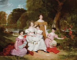 Retrato de grupo de la familia Ward Hunt en un paisaje ante un río