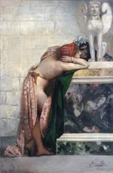 Dos figuras junto a una estatua de esfinge, 1870s