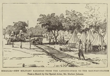 Ismailia, nuevo ferrocarril militar desde el muelle de desembarco hasta la estación de tren