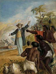 Un misionero escocés desembarcando confrontado por maoríes en guerra, 1868