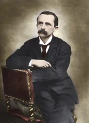 Retrato de J.M. Barrie fotografiado por Barraud en 1893 - James Matthew Barrie (1860-1937), escritor escocés, creador de Peter Pan - Fotografía coloreada.