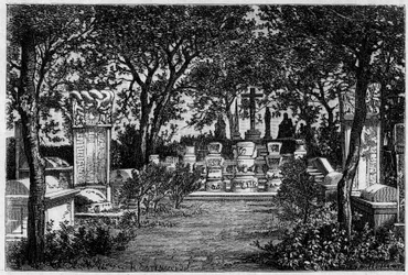 Sepulturas de los jesuitas Matteo Ricci (1552-1610) y Adam Schall von Bell (1592-1666) en Pekín (Beijing) en los años 1870. Grabado según un dibujo de Catenacci, según una fotografía de Thomson, en "Le Tour du Monde, Nuevo diario de Viajes", editado por Ed