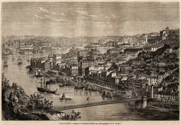 Vista de Oporto, dibujo de Catenacci, para ilustrar el viaje de Olivier Merson a las provincias del norte de Portugal en 1857. Grabado en "Le tour du monde" 1861. Colección de Selva