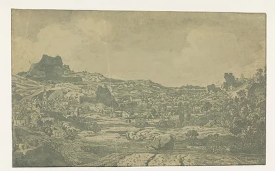 Valle con un río y un pueblo con cuatro torres