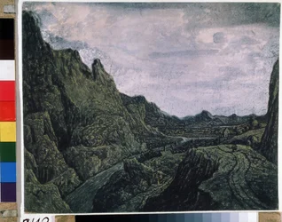 Valle rocoso con una carretera. Dibujo de Hercules Pietersz Seghers (o Segers