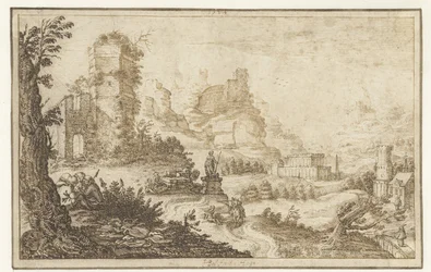 Paisaje con ruinas y una estatua