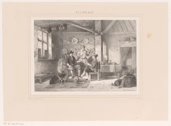 Interior con tres hombres junto a una chimenea.
