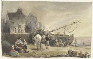 Escena de playa con barcos y pescadores