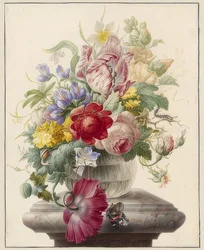 Flores en un jarrón de vidrio y una mariposa. Hacia 1700