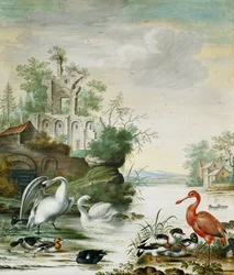 Cisnes, una Espátula, un Ánade Real, un Silbón y Otros Patos en un Río Bajo una Ruina, 1694