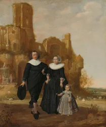 Retrato de una pareja con su hijo en un paisaje