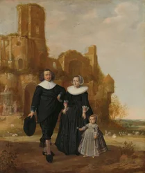 Retrato de una pareja con su hijo en un paisaje