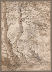 Interior de un bosque, con una figura sentada