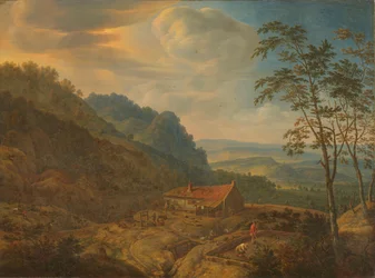 Paisaje montañoso con granja