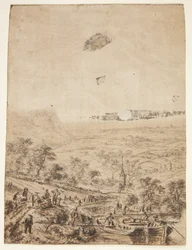 Paisaje panorámico con campesinos, pescadores y una iglesia de pueblo