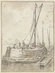 Barcaza con dos botes de remos