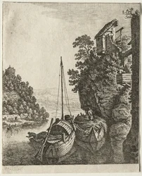 Dos barcos amarrados bajo una roca, 1667