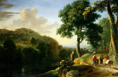 Un paisaje italianizante con viajeros y un burro