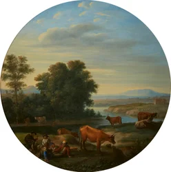 Paisaje fluvial a la italiana con vacas