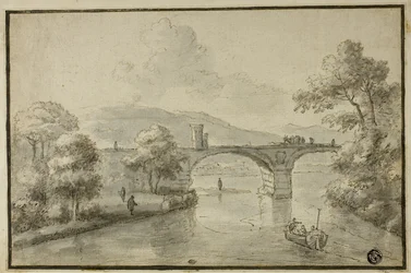 Río con puente arqueado y bote