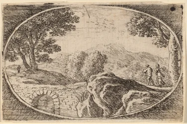 Dos figuras cerca de un pequeño puente de piedra