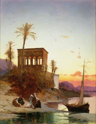 Fuego de campamento junto al río, el quiosco de Trajano, c.1880
