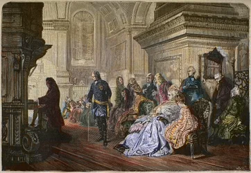 El rey de Prusia Federico II el Grande (1712-1786) escucha al compositor Johann Sebastian Bach tocar en la corte, grabado según una pintura de Kaulbach