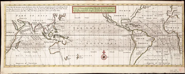 A view of ye general and coasting trade-winds, monsoons or ye shifting trade winds through ye world, variations... according to the newest and most exact observations, c.1715 (grabado coloreado)