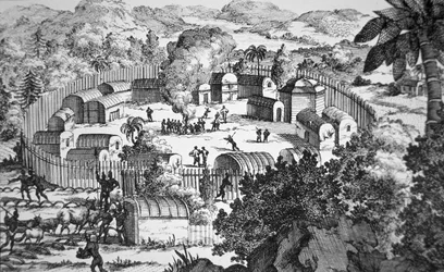 Pueblo de la gente de Susquehanna, río Susquehanna (detalle de grabado) publicado como inserto en "Un nuevo mapa de las partes norte de América reclamadas por Francia" de Hermann Moll 1720