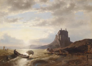 Paisaje costero con pescadores