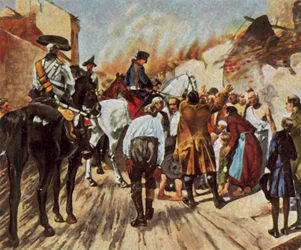 Federico el Grande en la destruida Küstrin antes de la batalla de Zorndorf, 25 de agosto de 1758 (litografía en color mejorada)