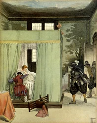 Un caballero protestante encuentra refugio en la cama de Margarita de Valois, reina de Francia conocida como Reina Margot (1553-1615) el día de San Bartolomé (24 de agosto de 1572)