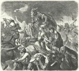 Atila el Huno después del ataque decisivo de los visigodos en la Batalla de los Campos Cataláunicos, 451