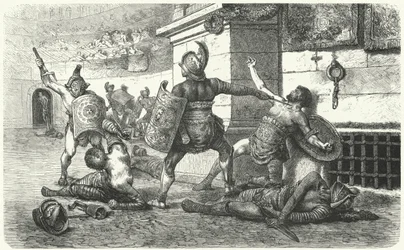 Gladiadores luchando en la arena en la Antigua Roma