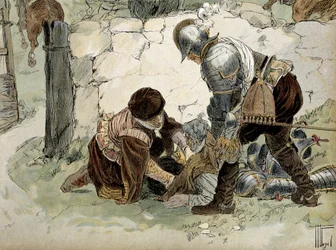 Enrique IV (1553-1610) herido durante un reconocimiento en Aumale contra el ejército de Mayenne. Ilustración de Hermann Vogel (1856-1918) en “Henri IV”