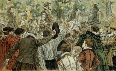 Enrique de Guisa (1549-1588), líder de la Liga Católica, aclamado por los parisinos tras la Jornada de las Barricadas (12 de mayo de 1588). Ilustración de 1907 de Hermann Vogel (1856-1918). Colección particular.