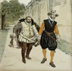 Enrique IV (1553-1610) y Carlos de Lorena, duque de Mayenne (1554-1611). Primer encuentro de reconciliación entre los dos enemigos, Mayenne, jefe de los liguistas, y el rey, en los jardines del castillo de Montceaux, en la Brie, en 1596. Ilustración