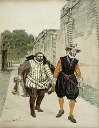 Enrique IV (1553-1610) y Carlos de Lorena, duque de Mayenne (1554-1611). Primera entrevista de reconciliación entre los dos enemigos, Mayenne, jefe de los liguistas, y el rey, en los jardines del castillo de Montceaux, en la región de Brie, en 1596.