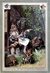 Kinder und hausmarchen (Cuento de la infancia y del hogar) (1812): las fábulas de los hermanos Grimm. Portada de Hermann Vogel 1894 representando Blancanieves y los siete enanitos.